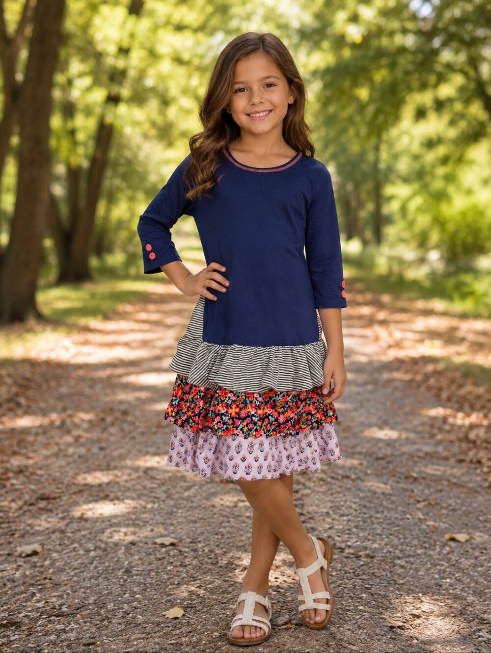 NWT Matilda Jane 435 Night Falls Mixed Print Navy Tiered Floral Ruffle Dress